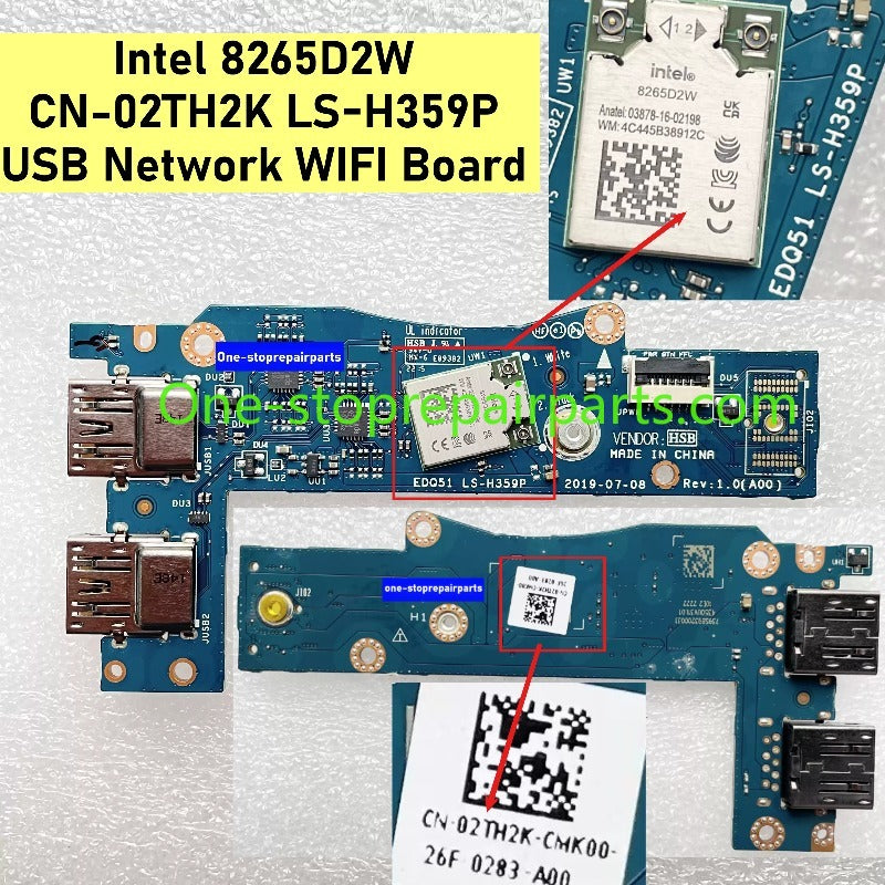 EDQ51 LS-H359P USB Network WIFI Board for Dell Alienware m15 R2 Gaming USB network wifi board killer 1650W CN-0P2RHV 0P2RHV A197V1 Intel 8265 CN-02TH2K 02TH2K Straight Slant port connect 8265D2W Dell Laptop repair parts