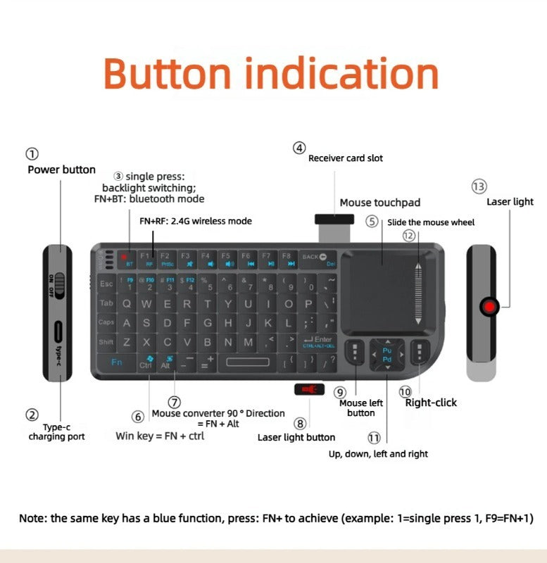 3-in-1 Mini Keyboard Touchpad Laser point Bluetooth 2.4GHz Wireless Combo Android M-AC TV /PC/Tablet/PS-4/Laptop/HTPC/Projector