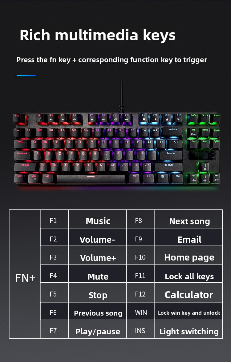 Wired real mechanical keyboard 87 keys mechanical blue axis RGB mixed color computer notebook office e-sports game