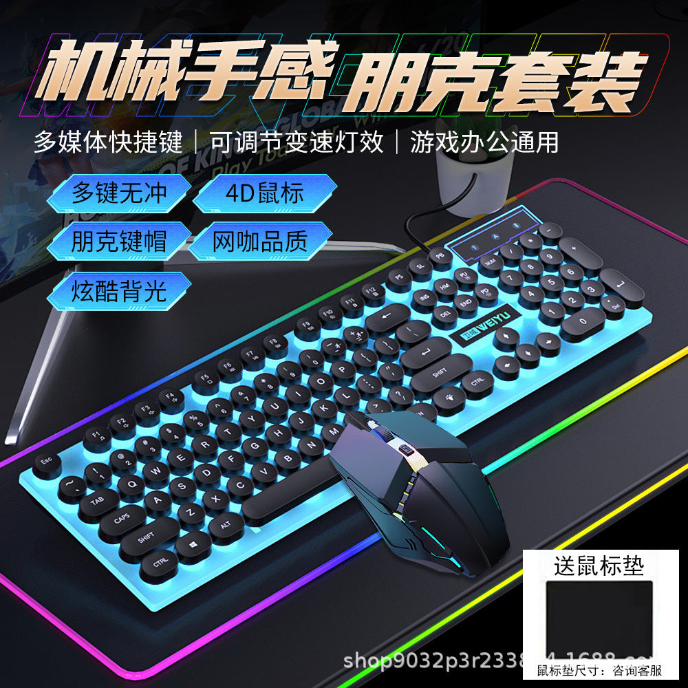 Retro punk mechanical feel wired keyboard mouse glowing desktop set computer game e-sports