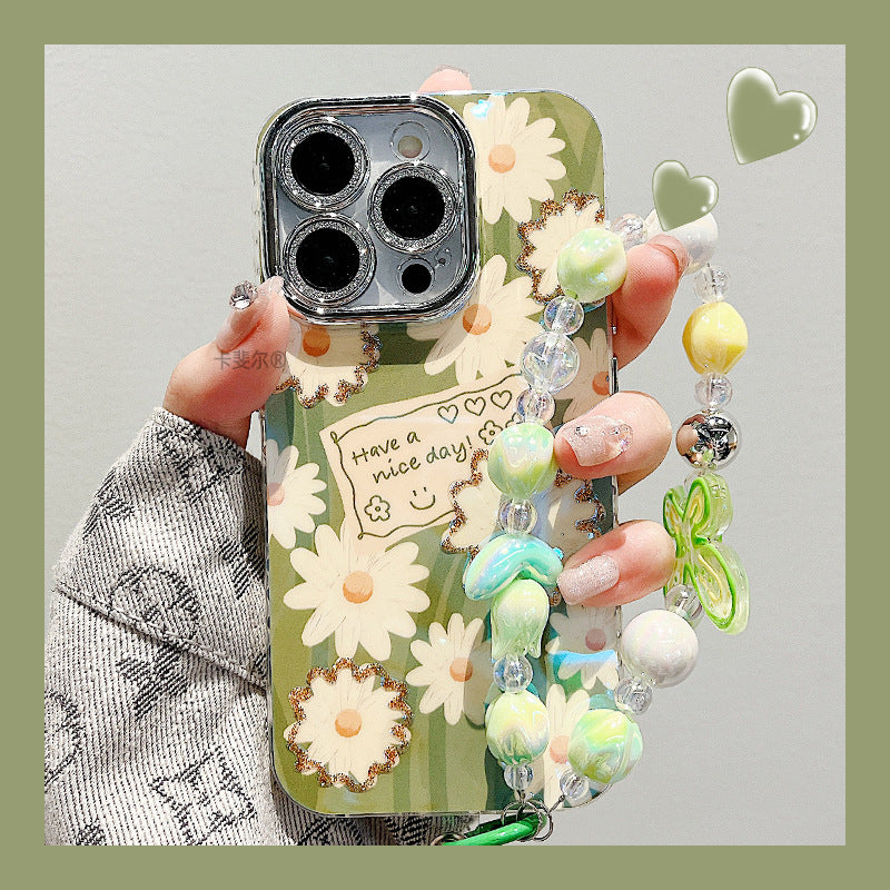 Accessories for premium sense point drill oil painting daisy flower bracelet iphone15pro max mobile phone case apple 14 new