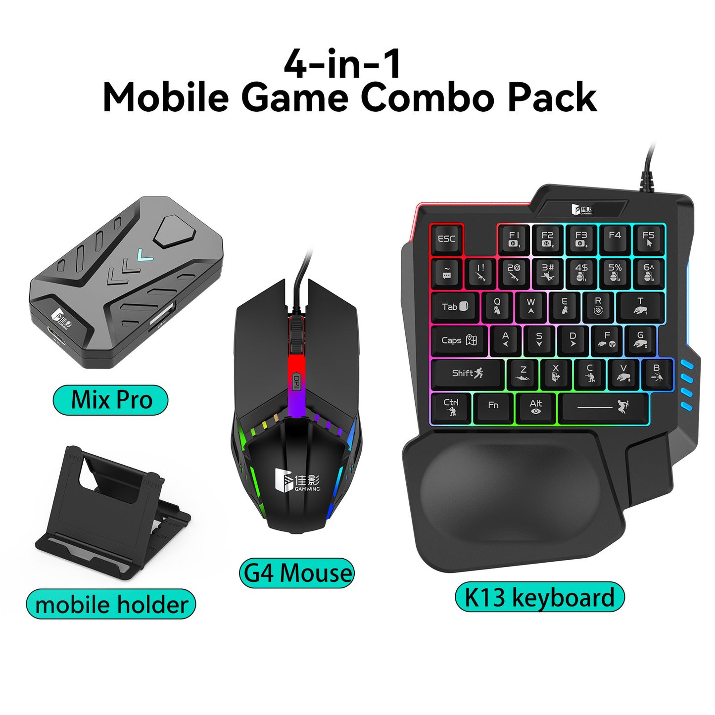 Gaming Mix Pro 4 in 1 mobile game keyboard mouse combo Pack