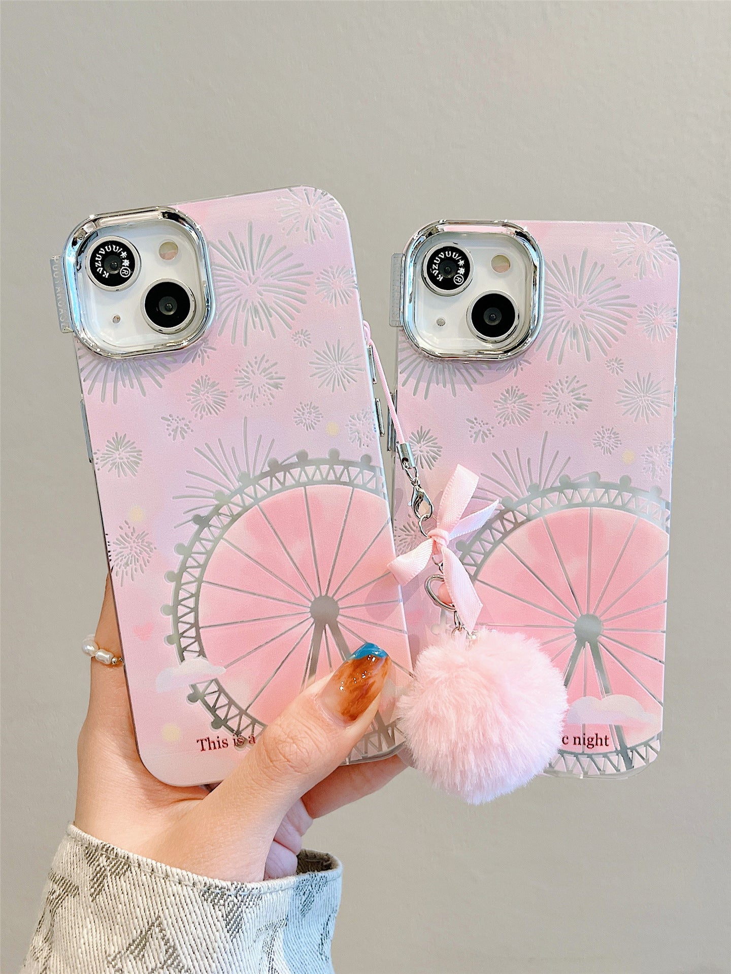 Accessories for Apple 14 mobile phone case iphone15promax pink Ferris wheel fireworks plush bow pendant 13