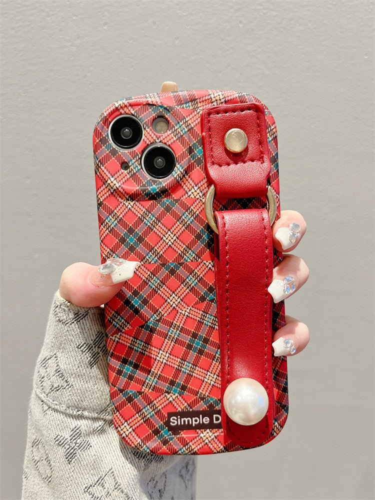 Accessories for Apple 15promax mobile phone case splicing plaid wrist strap new iphone15pro silicone case