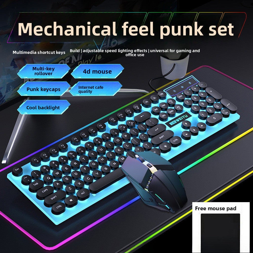 Retro punk wired keyboard mouse luminous suit office game e-sports peripherals computer desktop