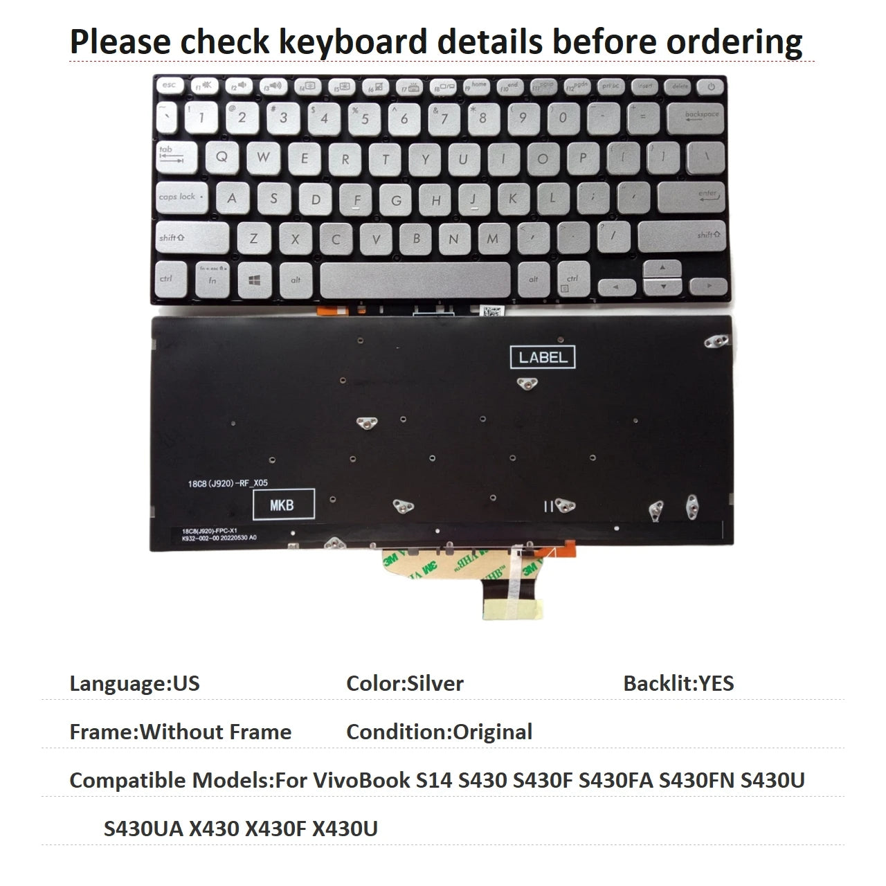 New US Language Backlit Keyboard For ASUS VivoBook S14 S430 S430F S430FA S430FN S430U S430UA X430 X430F X430U ASUS laptop repair parts