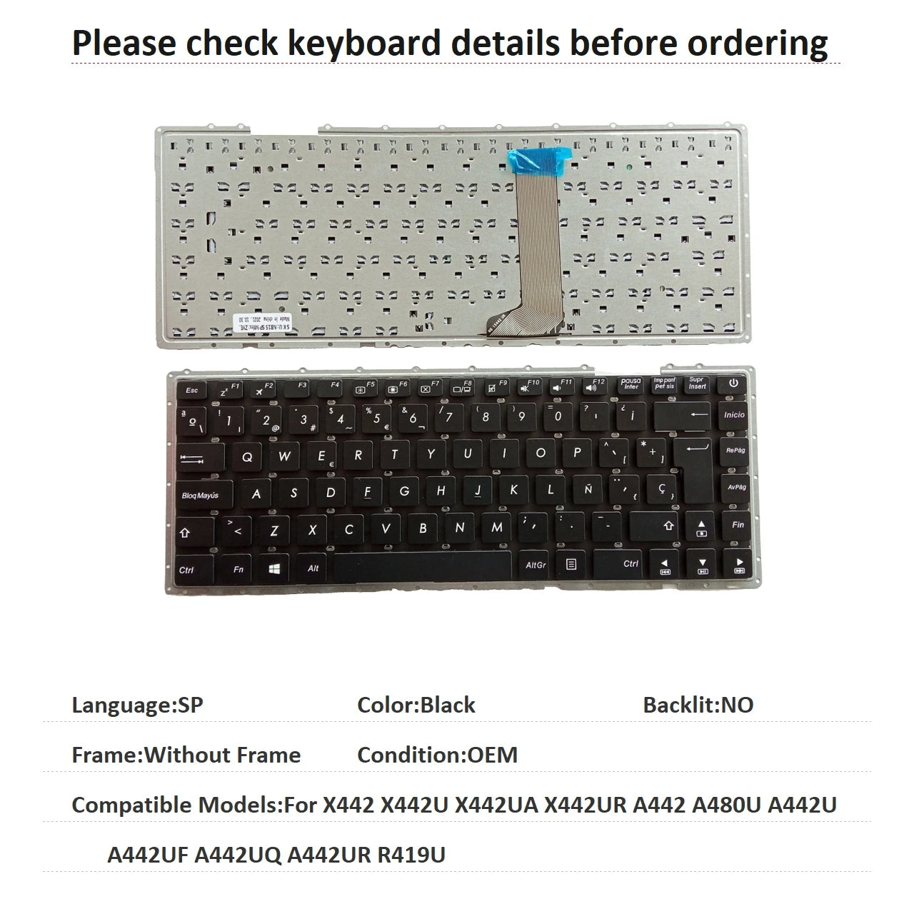 New US Spanish Language Keyboard For ASUS X442 X442U X442UA X442UR A442 A480U A442U A442UF A442UQ A442UR R419U ASUS laptop repair parts