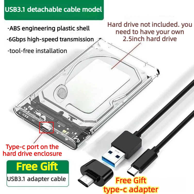 USB3.0 3.1 HDD Enclosure 2.5inch SATA SSD Hard Drive Case with 6Gbps Transfer Speed Mobile External Housing Harddisk Box typec Laptop Accessories