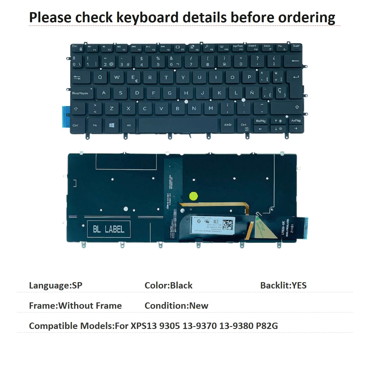 New US Spanish Language Backlit Keyboard For Dell XPS13 9305 13-9370 13-9380 P82G 0RMCR1Dell laptop repair parts