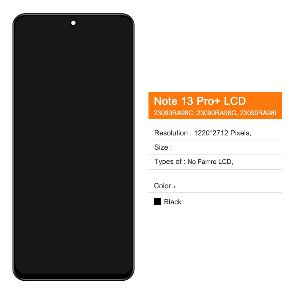 TFT Lcd For Xiaomi Redmi Note 13 Pro+ Plus 5G 23090RA98C 23090RA98G Display Touch Screen Digitizer Assembly 100% Tested Xiaomi phone repair parts