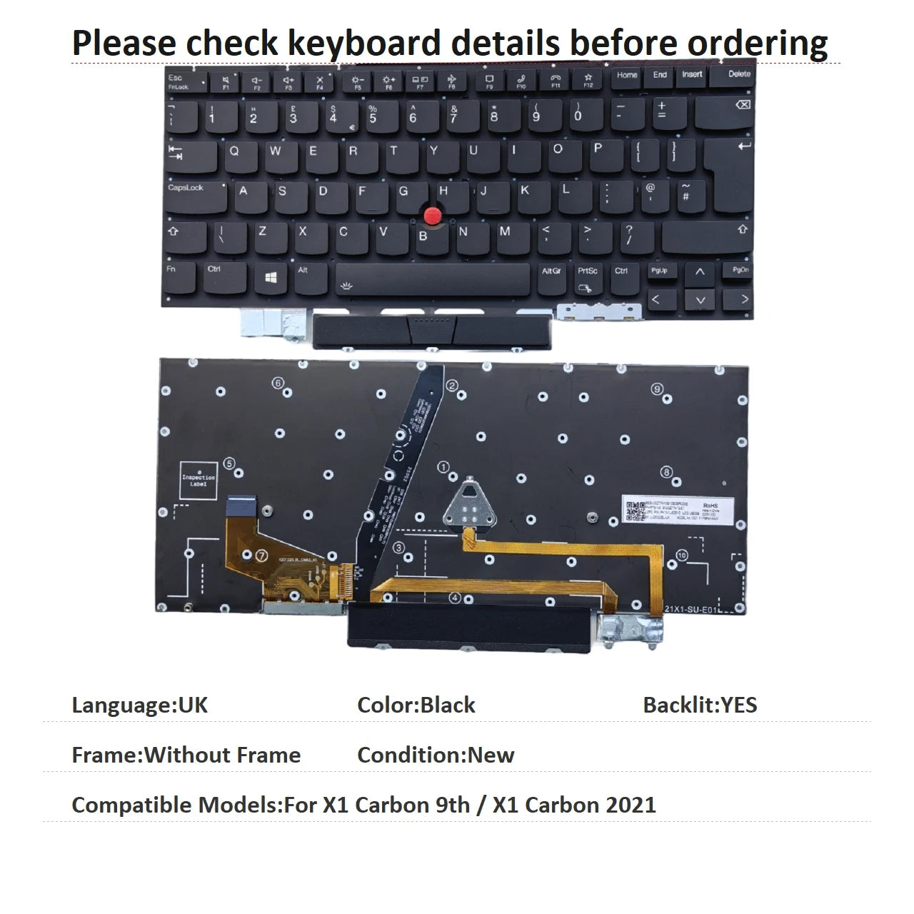 New US UK Language Backlit Keyboard For Lenovo Thinkpad X1 Carbon 9th / X1 Carbon 2021 Notebook PC Replacement Keyboard Lenovo laptop repair parts