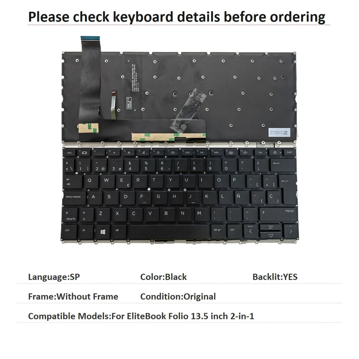 New US Spanish Language Backlit Keyboard For HP EliteBook Folio 13.5 inch 2-in-1 Notebook PC Replacement Keyboard HP laptop repair parts