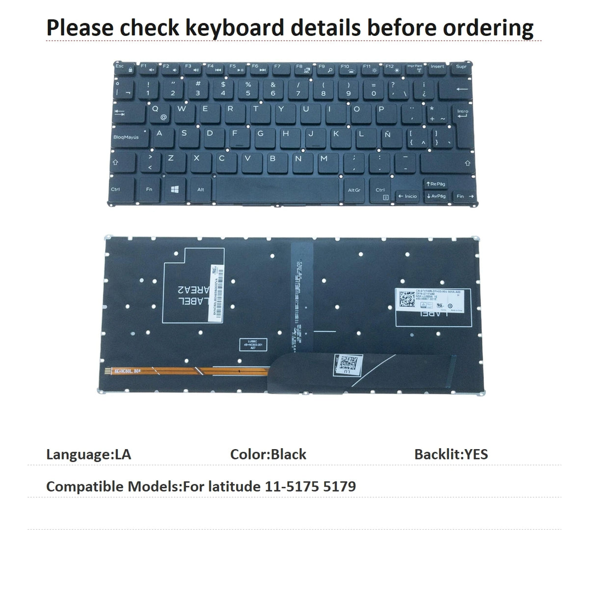 New US Latin Language Backlit Keyboard For Dell latitude 11-5175 5179 Notebook PC Replacement Keyboard 07YFWM NSK-LUBBW 1EDell laptop repair parts