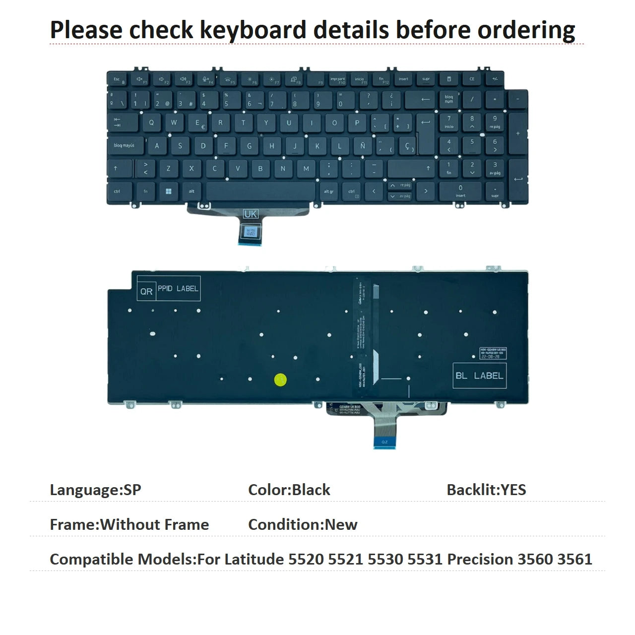 New US Spanish Language Backlit Keyboard For Dell Latitude 5520 5521 5530 5531 Precision 3560 3561 Replacement KeyboardDell laptop repair parts