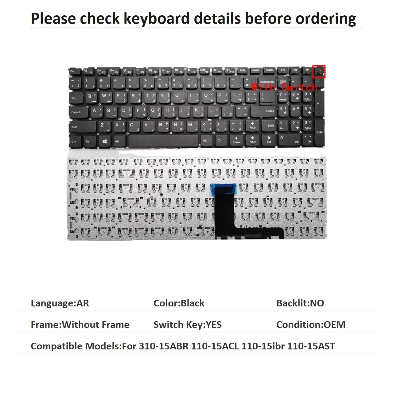 New US Russian Spanish Arab Brazil Language Backlit Keyboard For Lenovo 310-15ABR 110-15ACL 110-15ibr 110-15AST Lenovo laptop repair parts