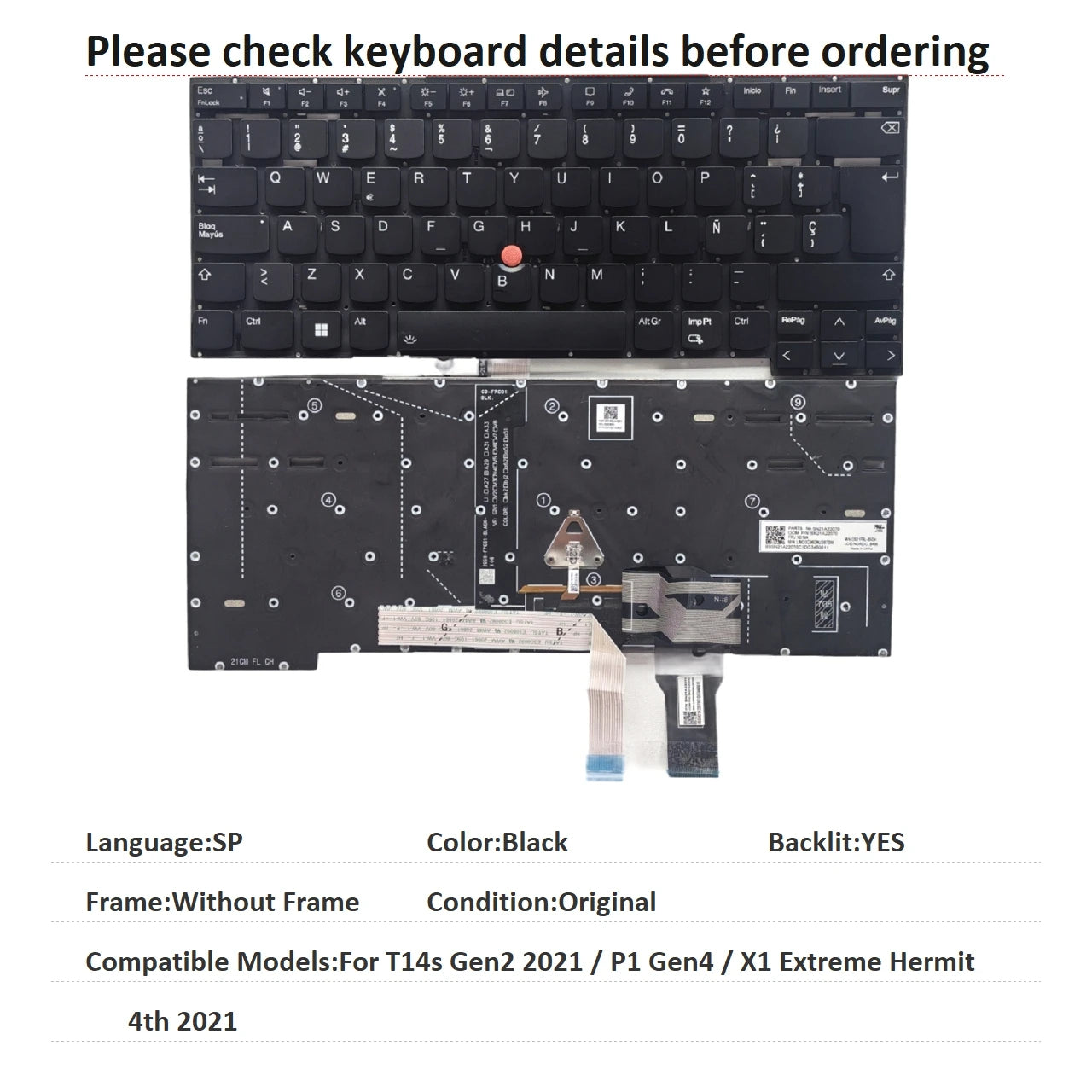 New US Russian Spanish Language Backlit Keyboard For Lenovo Thinkpad T14s Gen2 2021 / P1 Gen4 / X1 Extreme Hermit 4th 2021 (Is Lenovo laptop repair parts