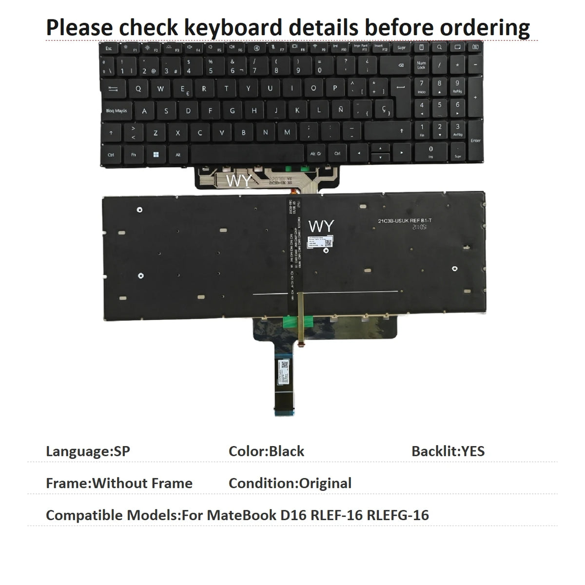 New UI Spanish Language Backlit Keyboard For HUAWEI MateBook D16 RLEF-16 RLEFG-16 Notebook PC Replacement Keyboard HUAWEI laptop repair parts
