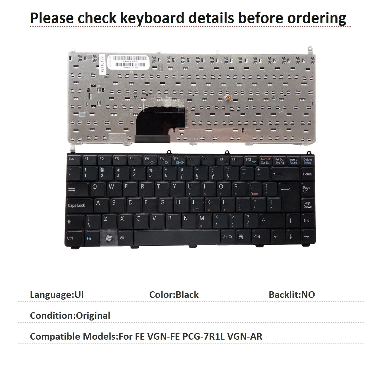 New US UI Russian Language Keyboard For Sony FE VGN-FE PCG-7R1L VGN-AR Notebook PC Replacement Keyboard SONY laptop repair parts