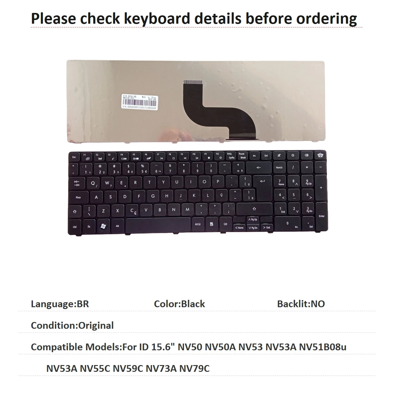 New US Russian Brazil Language Keyboard For Gateway ID 15.6" NV50 NV50A NV53 NV53A NV51B08u NV53A NV55C NV59C NV73A NV79C