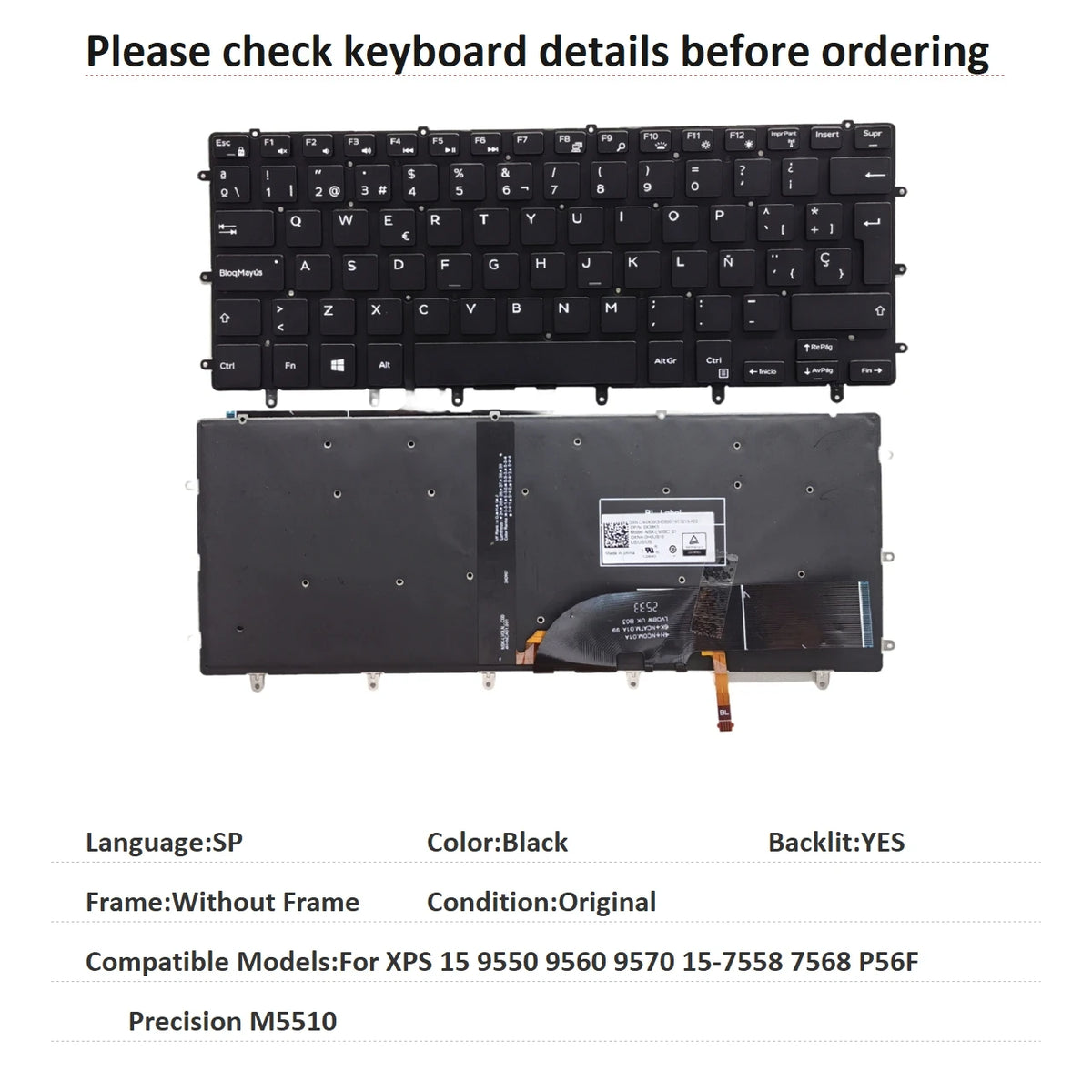 New US Spanish Language Backlit Keyboard For Dell XPS 15 9550 9560 9570 15-7558 7568 P56F Precision M5510 Replacement KeyboardDell laptop repair parts