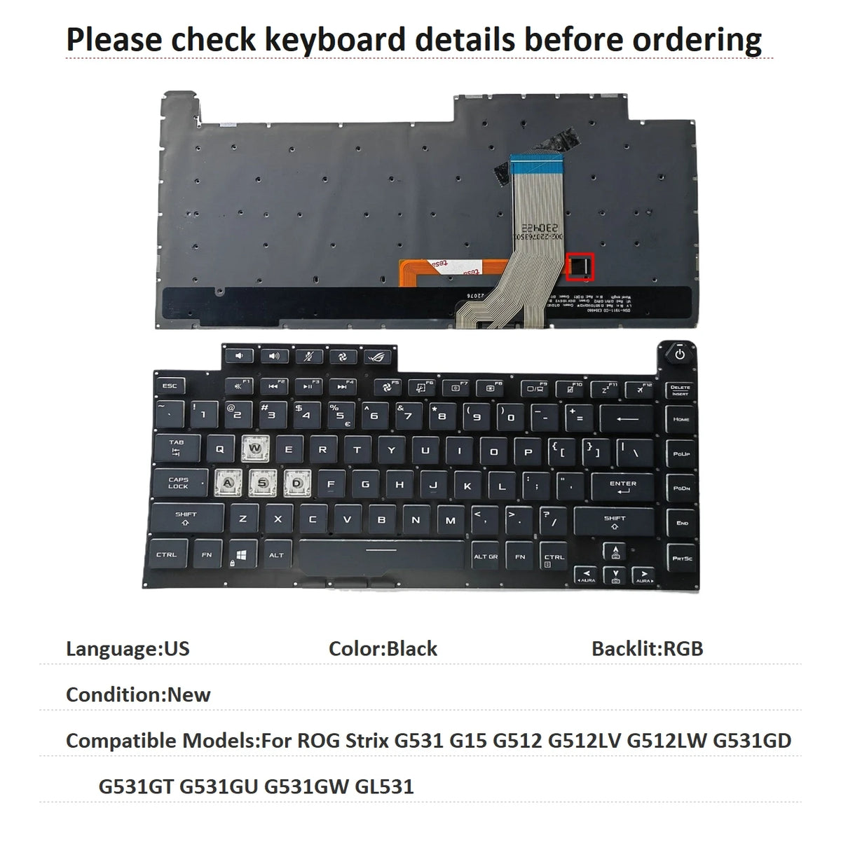 New US Language RGB Keyboard For ASUS ROG Strix G531 G15 G512 G512LV G512LW G531GD G531GT G531GU G531GW GL531 Keyboard ASUS laptop repair parts