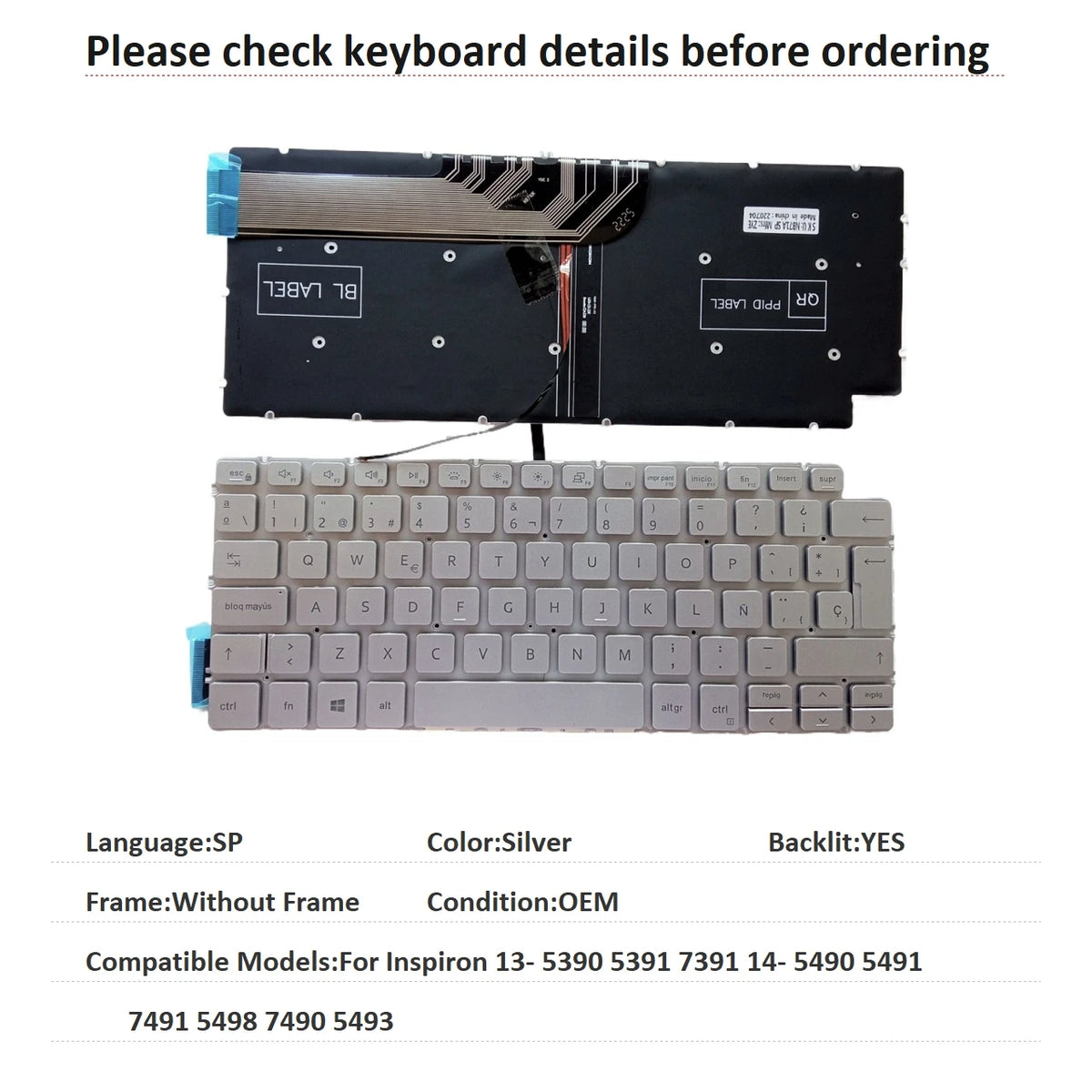 New US Russian Spanish Brazil Language Backlit Keyboard For Dell Inspiron 13- 5390 5391 7391 14- 5490 5491 7491 5498 7490 5493Dell laptop repair parts
