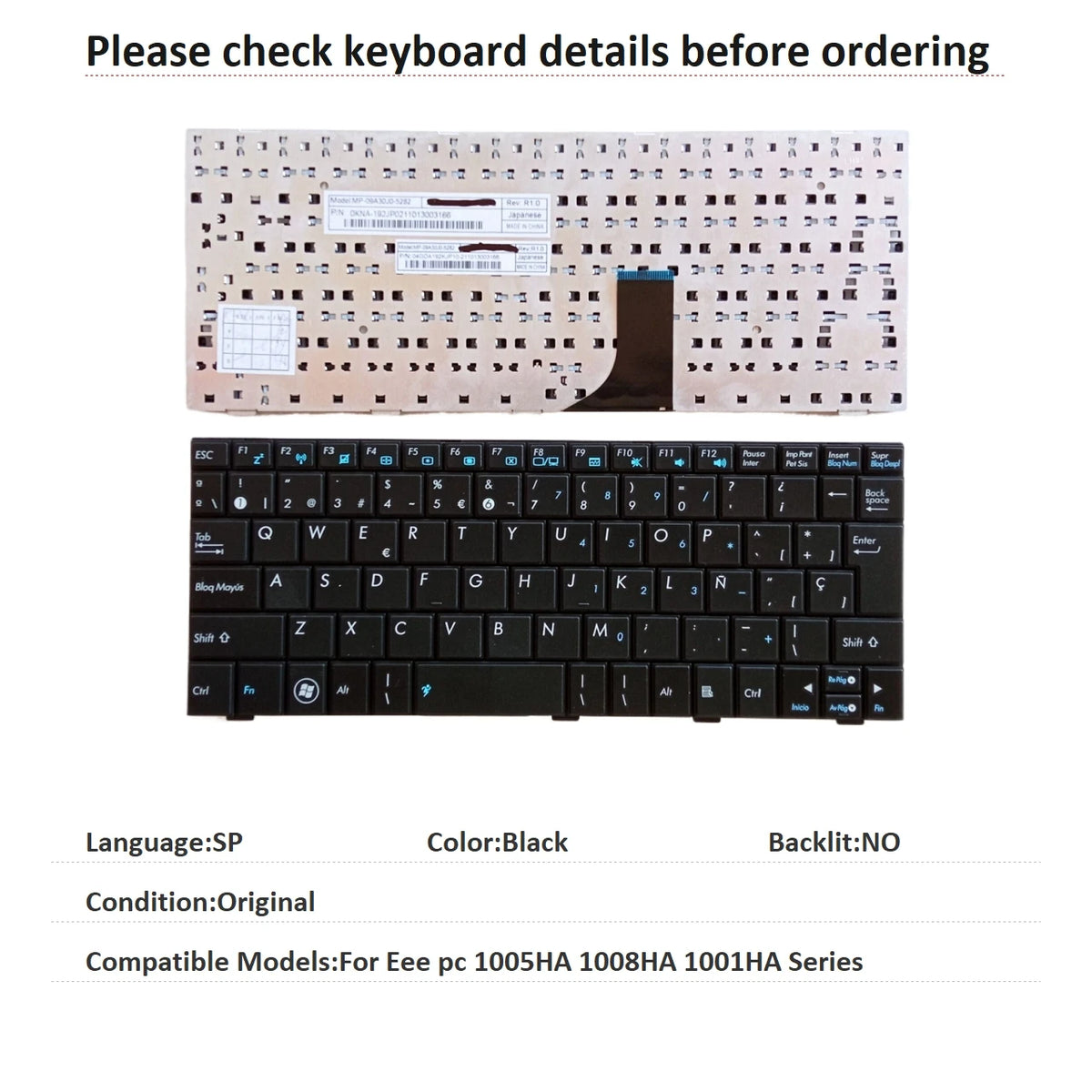 New US UI Russian Spanish Language Keyboard For ASUS Eee pc 1005HA 1008HA 1001HA Series Notebook PC Replacement Keyboard ASUS laptop repair parts