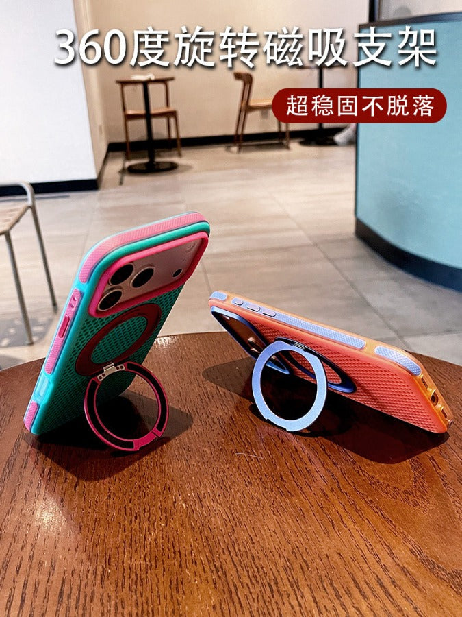 Two-color honeycomb bracket for iPhone 17promax mobile phone case New iPhone16 contrasting color honeycomb heat dissipation with 360 ° rotating bracket 15pro breathable, shell Phone accessories