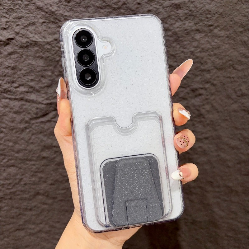 High-value multi-functional glitter powder card bag bracket, suitable for Samsung s26ultra mobile phone case 25plus transparent card case, integrated 24 can insert card 23 to put card change bag, large hole TPU transparent soft case Phone accessories