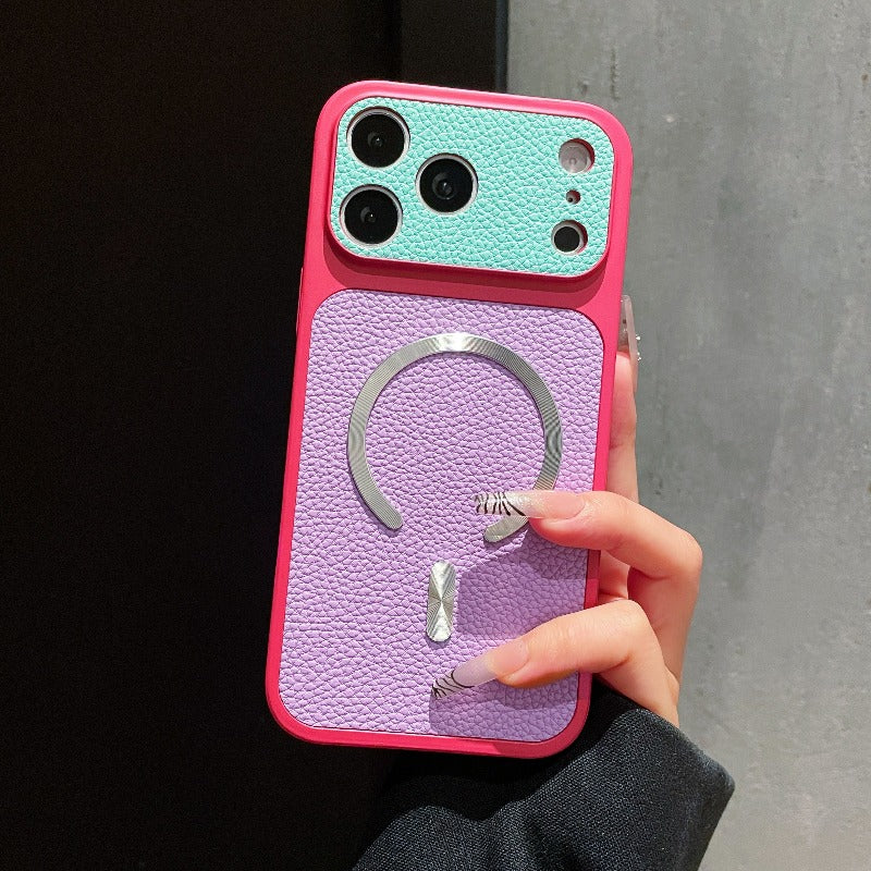 Dopamine contrasting magnetic leather pattern for iPhone 17promax mobile phone case iPhone16 new second change 17 with camera button 15 all-inclusive 14 anti-drop 13 super fire 12pm premium women's 11 Phone accessories