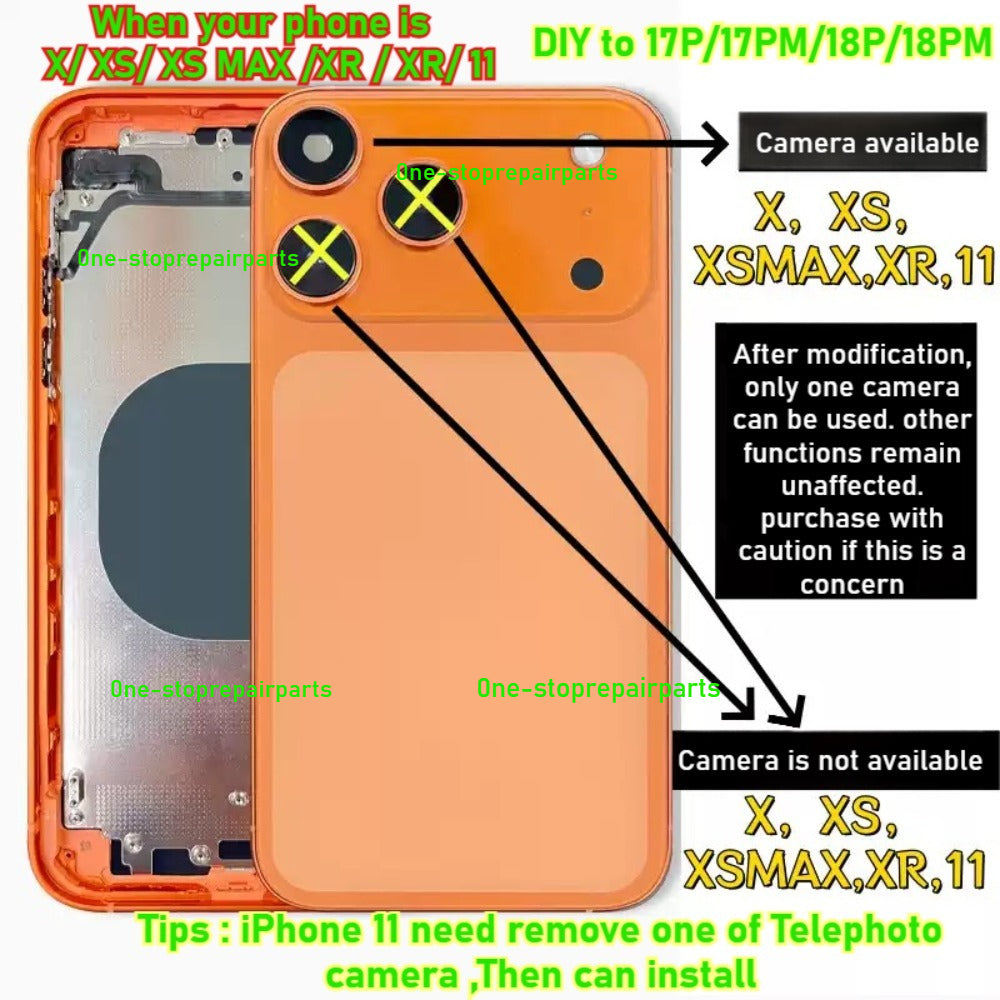 DIY Convertor Housing Back Cover Assembly Compatible For iPhone X XR XS MAX 11 11PRO 12 12PRO 13 Pro 14Pro 15Pro 15 Pro Max To 17 18 17Pro 18Pro Max Backshell Replacement Refitted Chassis Pre-Installed Modified Middle Frame iPhone phone repair parts