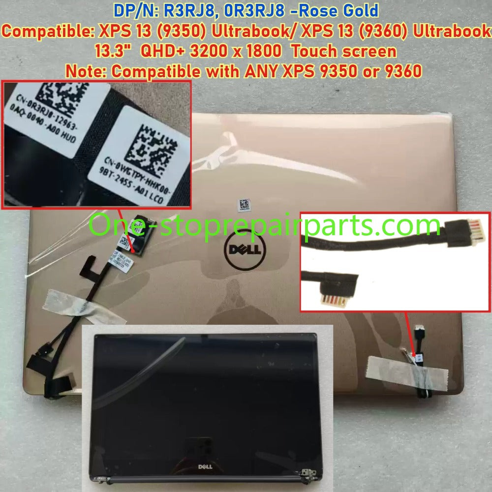 Touch Non-Touch top half LCD Display screen Complete Assembly for Dell XPS 13 9350 9360 P54G P54G002 Ultrabook 13.3" FHD QHD+  R3RJ8 0K8H0R 7PH9N 0N6CH2 0P2HPR 0907D8 9D8MJ Rose Gold Silver panel half Dell laptop repair parts