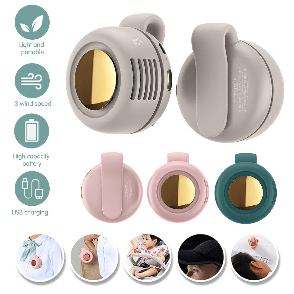 Built-in 60 Blades fan 3 Wind Speed Whirlwind Type-c charging mini fan Clamp fan 360° Rotation Clamp collar Hang around the waist Portable Hook rechargable Fan MF019