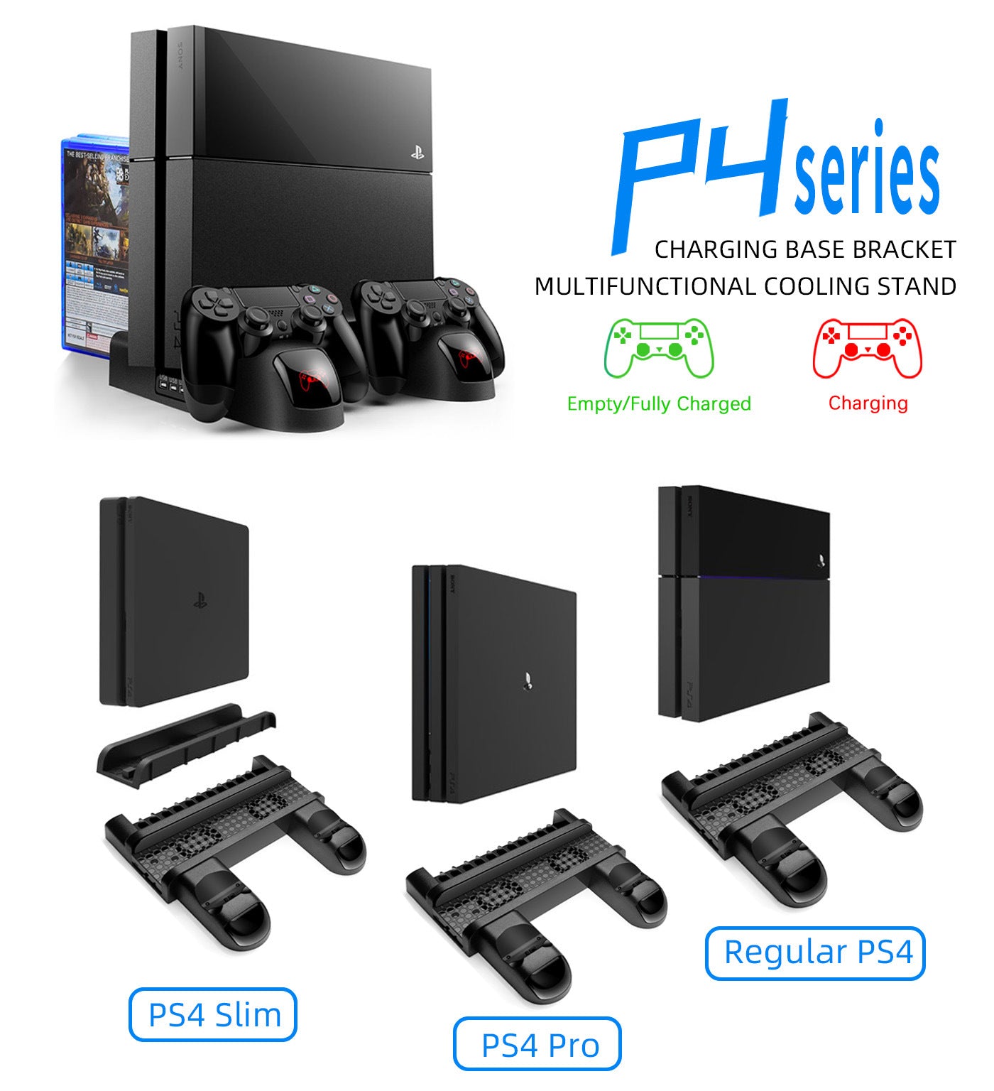 PS4 slim pro host cooling fan bracket game disc rack PS4 handle seat charging double charging storage rack