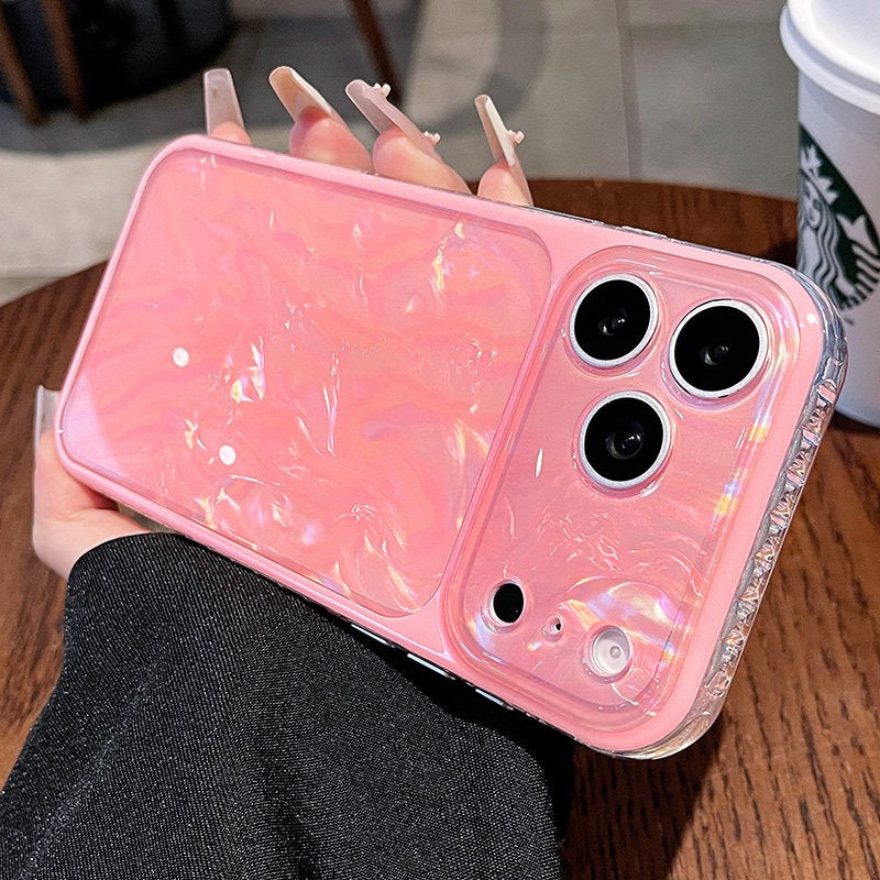 Laser shell pattern for iPhone 17promax mobile phone case new iPhone16 soft edge anti-drop belt wrist lanyard silicone women's 15pro super good-looking light shell Phone accessories