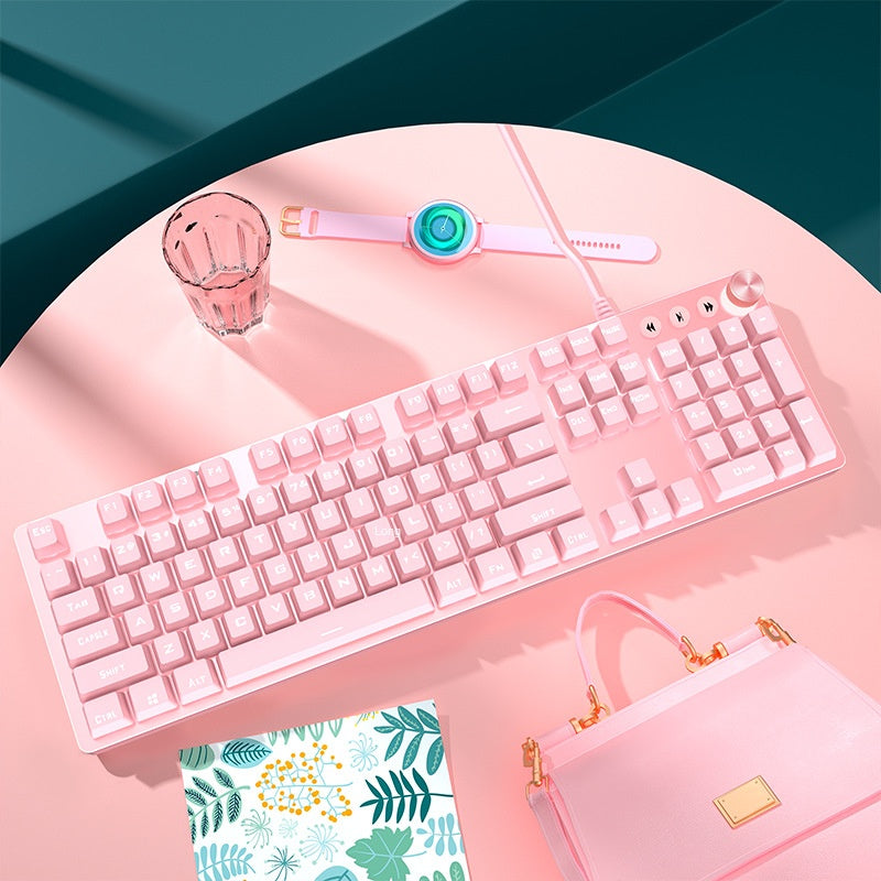 Accessories 912 Pink Mechanical Keyboard Mouse Set Wired Gaming Keys and Mice, Blue and Black Axis Keyboard