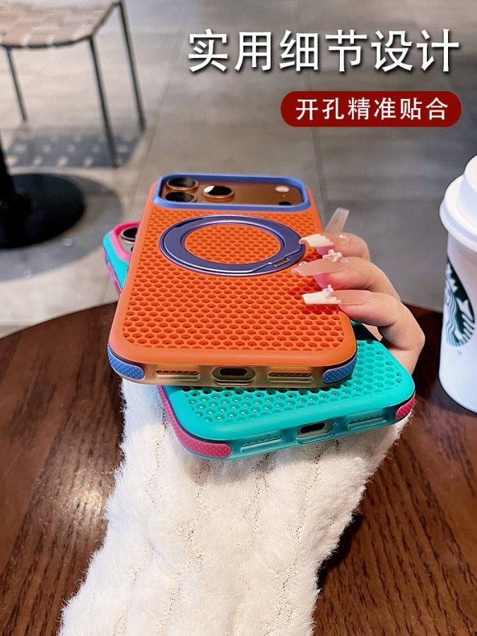 Two-color honeycomb bracket for iPhone 17promax mobile phone case New iPhone16 contrasting color honeycomb heat dissipation with 360 ° rotating bracket 15pro breathable, shell Phone accessories