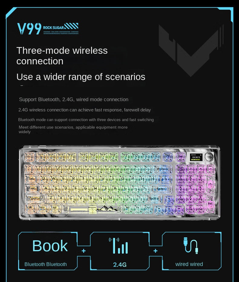 Accessories v99 transparent wireless bluetooth mechanical keyboard three-mode girls office game RGB customized display