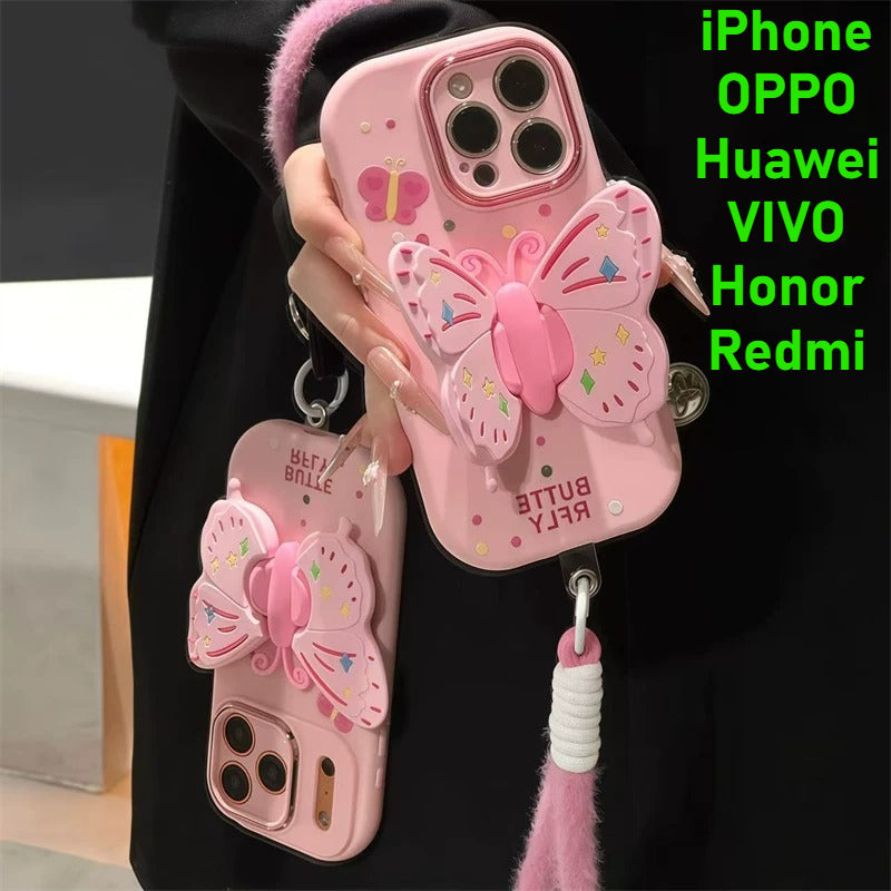 Wonderful pink butterfly for iPhone 17promax plush lanyard mobile phone case 16 huawei mate70 new butterfly bracket OPPO Reno14 metal little fat girl vivos30 millet 15 soft Phone accessories