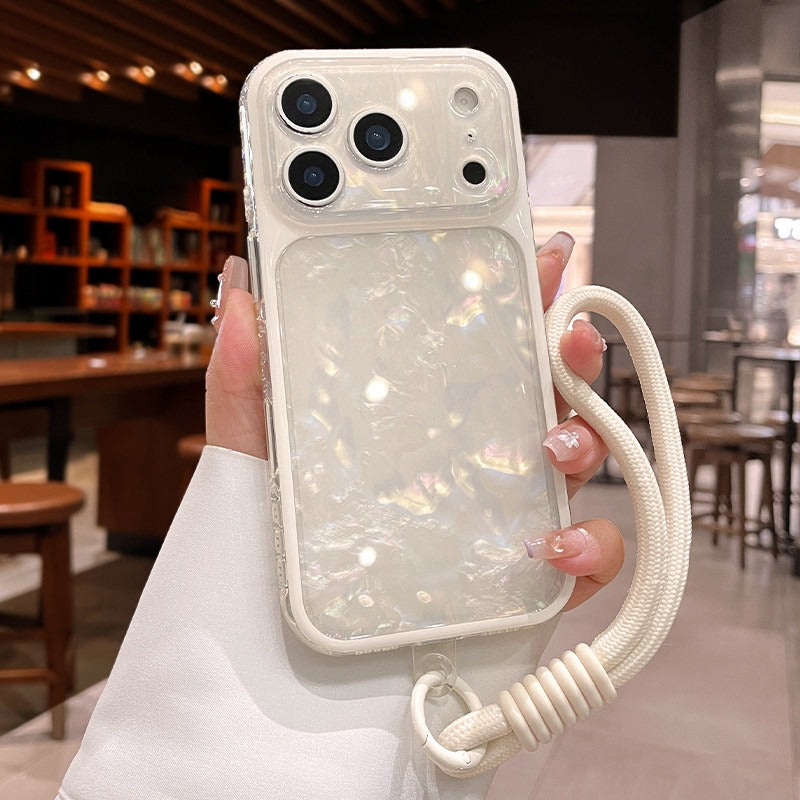 Laser shell pattern for iPhone 17promax mobile phone case new iPhone16 soft edge anti-drop belt wrist lanyard silicone women's 15pro super good-looking light shell Phone accessories
