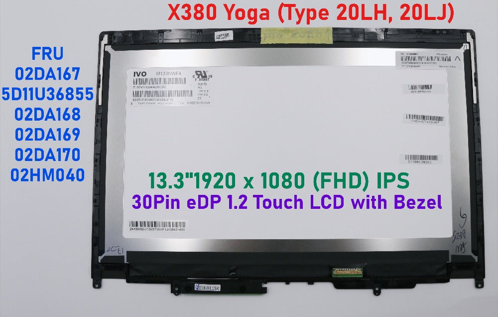 13.3"1920 x 1080 (FHD) IPS LCD touch screen assembly For Lenovo Thinkpad X380 Yoga 20LH 20LJ 02DA167 5D11U36855 02DA168 02DA169 02DA170 02HM040 Lenovo LCD Module Lenovo laptop repair parts