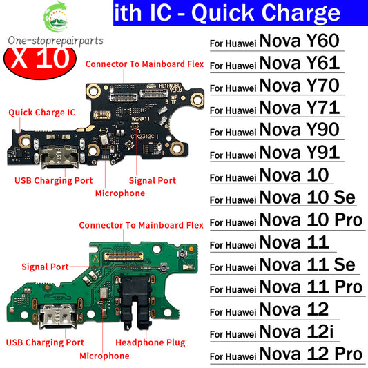 10Pcs, USB Charging Port Dock Charger Connector Board Flex Cable For Huawei Nova 10 11 11i 12 12i Pro Se Y60 Y61 Y70 Y71 Y90 Y91 Huawei phone repair parts