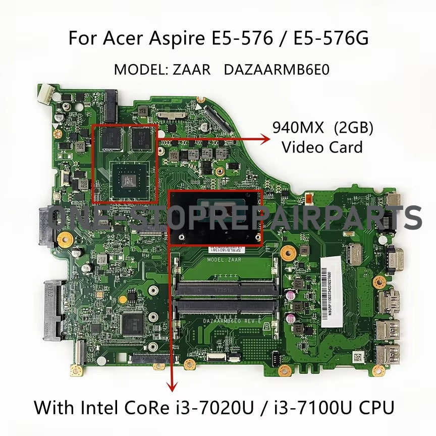 DAZAARMB6E0 For Acer Aspire E5-576 E5-576G ZAAR Laptop Motherboard With Intel i3 i5 i7 CPU 940MX 2GB Video Card 100% Full Tested Acer laptop repair parts