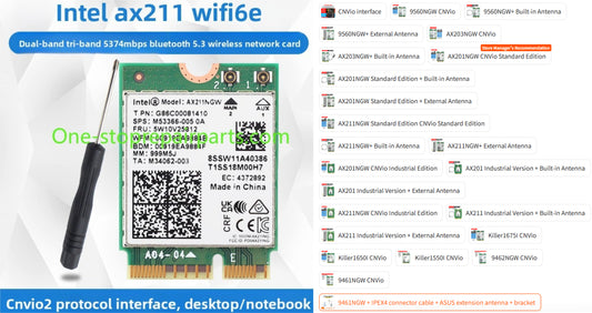 Laptop computer Wifi Card for Intel 9560NGW AX203NGW AX201NGW AX211NGW  Killer1675I 1650I 1550I 9462 9461NGW CNVio IPEX4 WIFI6E Wi-Fi 6E Bluetooth 5.3 Wireless Card