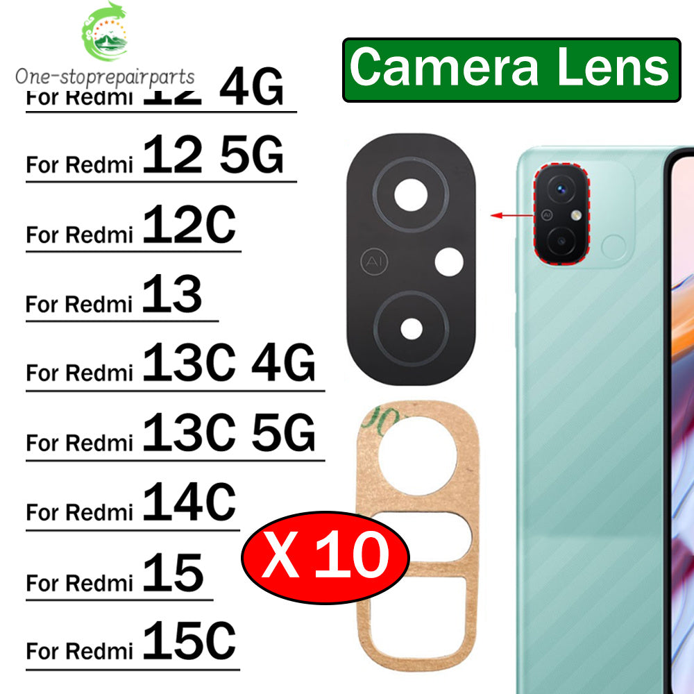 10Pcs, Camera Glass Lens Back Rear Camera Glass Lens with Adhesive For Xiaomi Redmi 12 12C 13 13C 14C 15 15C 4G 5G  Xiaomi  Xiao mi phone repair parts