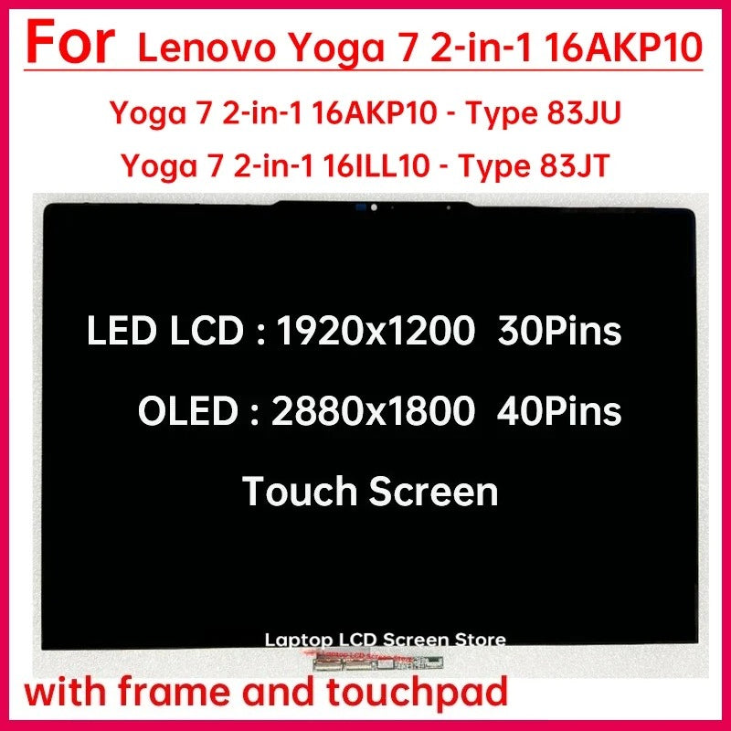 16" Touch Screen For Lenovo Yoga 7 2-in-1 16AKP10 Type 83JU 16ILL10 83JT LCD Display Digitizer + With Frame Assembly Replacement Lenovo laptop repair parts