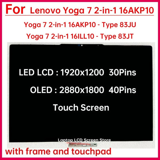 16" Touch Screen For Lenovo Yoga 7 2-in-1 16AKP10 Type 83JU 16ILL10 83JT LCD Display Digitizer + With Frame Assembly Replacement Lenovo laptop repair parts