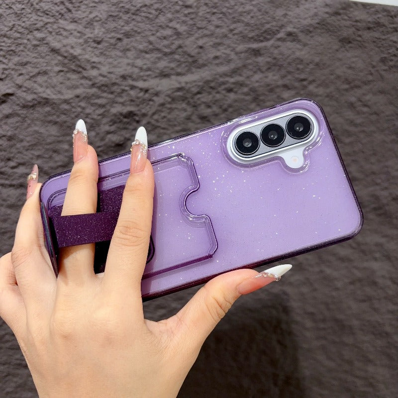 High-value multi-functional glitter powder card bag bracket, suitable for Samsung s26ultra mobile phone case 25plus transparent card case, integrated 24 can insert card 23 to put card change bag, large hole TPU transparent soft case Phone accessories