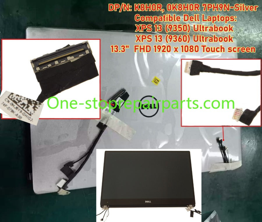 Touch Non-Touch top half LCD Display screen Complete Assembly for Dell XPS 13 9350 9360 P54G P54G002 Ultrabook 13.3" FHD QHD+  R3RJ8 0K8H0R 7PH9N 0N6CH2 0P2HPR 0907D8 9D8MJ Rose Gold Silver panel half Dell laptop repair parts