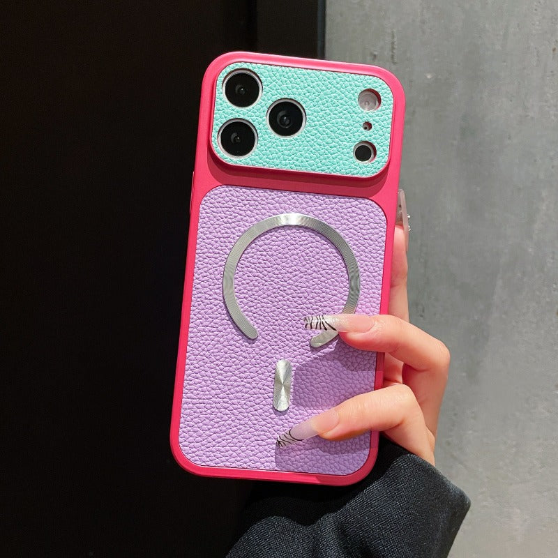 Dopamine contrasting magnetic leather pattern for iPhone 17promax mobile phone case iPhone16 new second change 17 with camera button 15 all-inclusive 14 anti-drop 13 super fire 12pm premium women's 11 Phone accessories